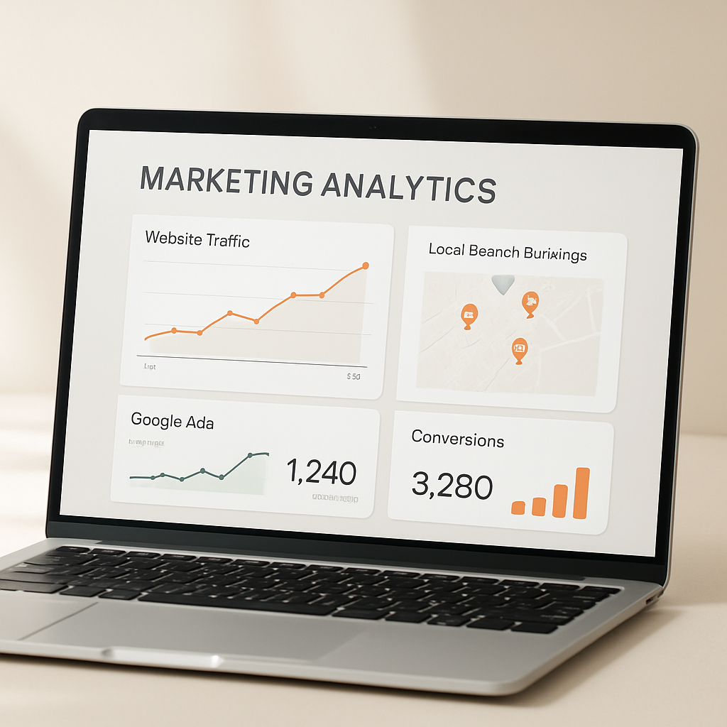 Marketing analytics dashboard showing rising leads, local search rankings, and ad conversions